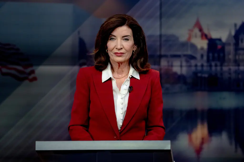 New York Governor Kathy Hochul speaking at a podium